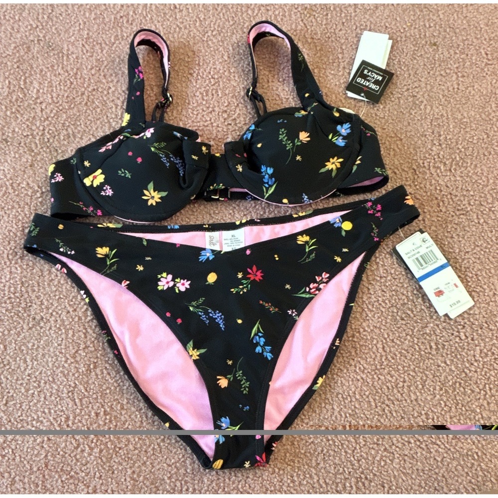 Salt & Cove Black Pink Floral Underwire Wide Strap Bikini 2PC Set XL